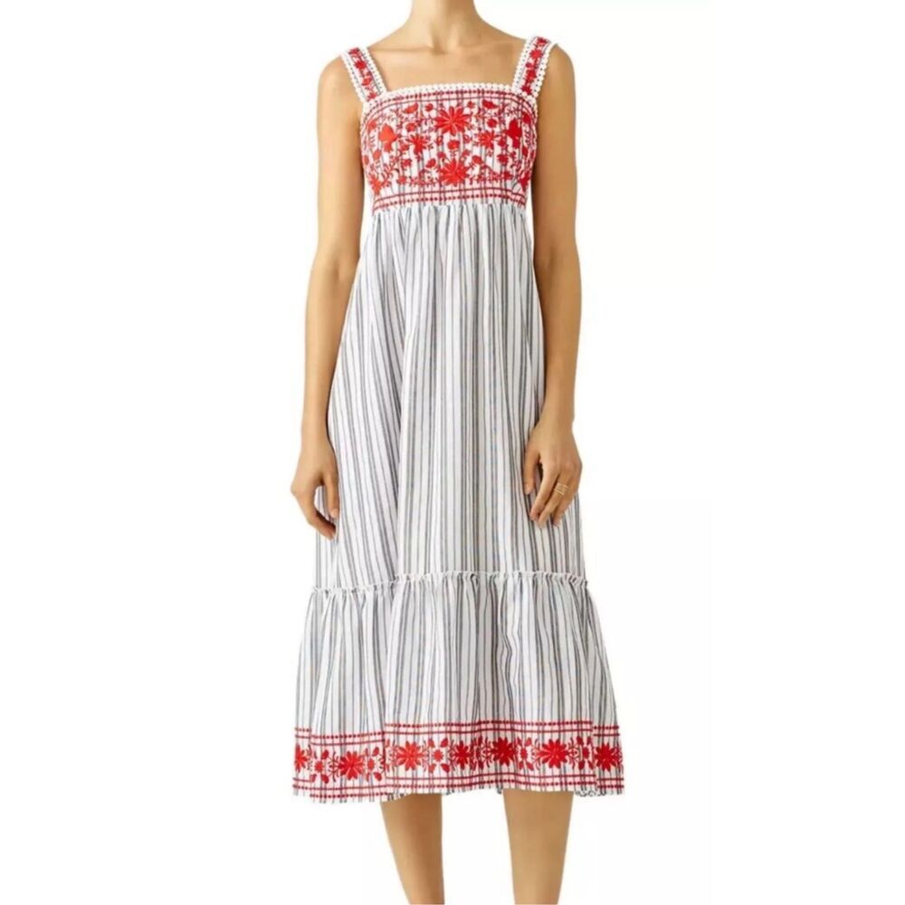 Kate Spade Broome Street Grey & White Striped With Red Embroidery Midi Dress XS - Picture 2 of 8
